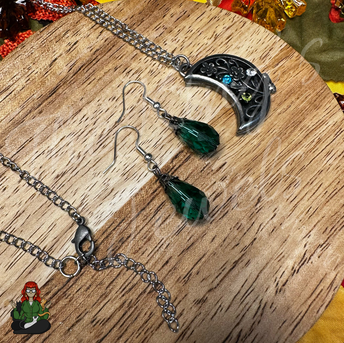 Gunmetal Pendant with Stainless Steel Chain Necklace & Green Earrings Jewelry Set!