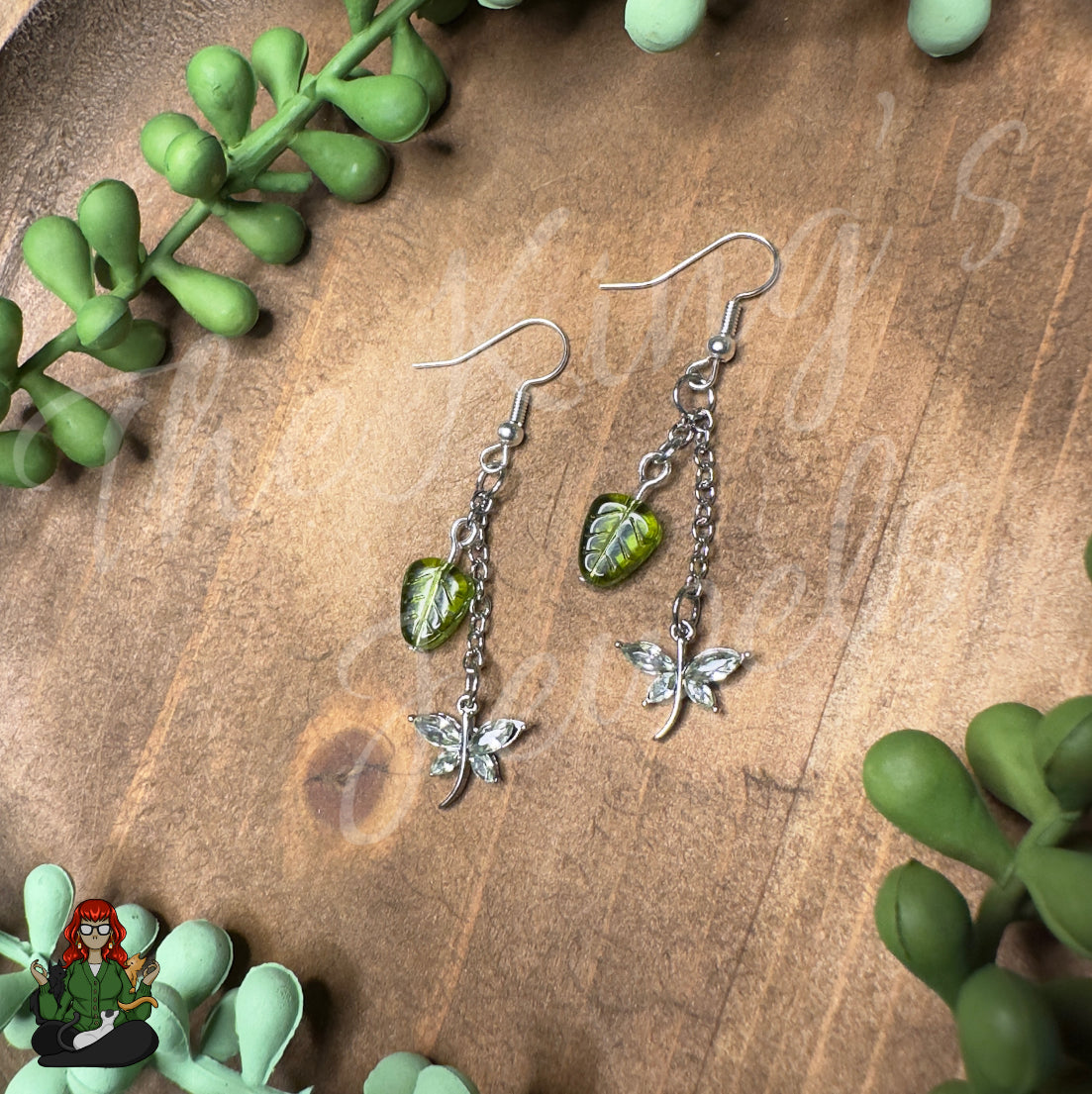 Gladys - Green Leaf & Dragonfly Earrings!