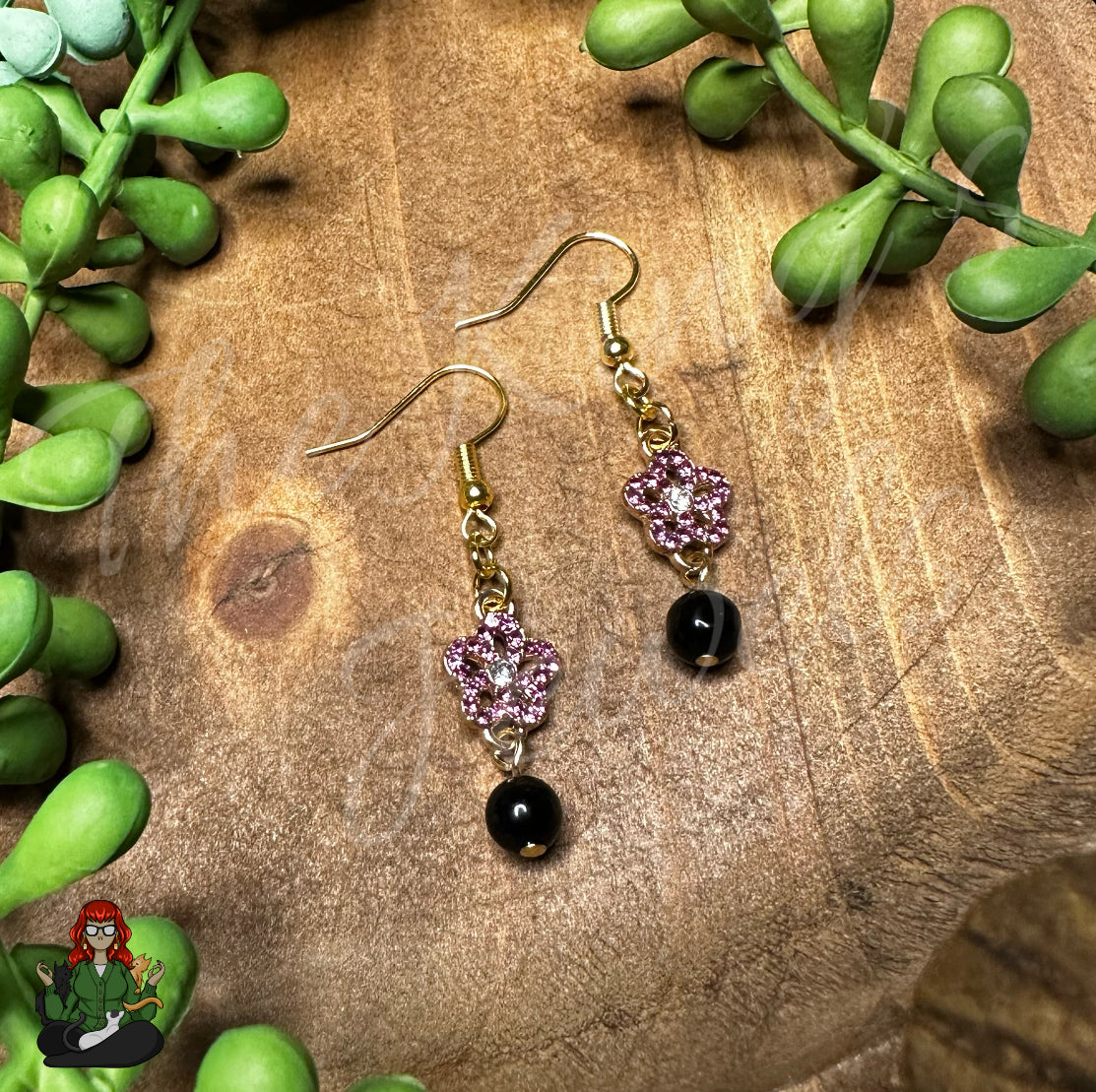 Katie - Pink Rhinestone & Black Bead Earrings!