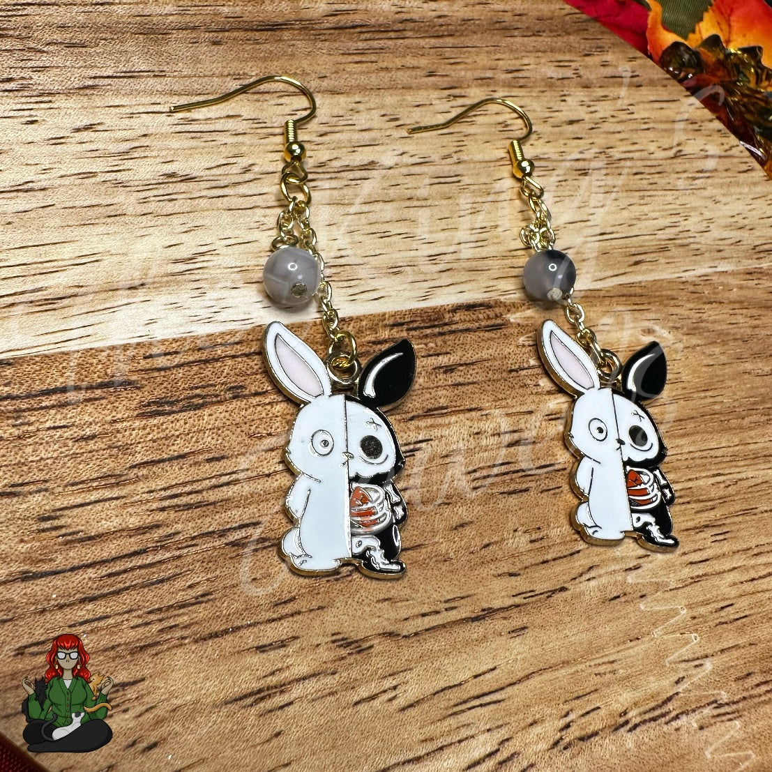 Gladys - Smokey Quartz & Skeleton Bunny Earrings!