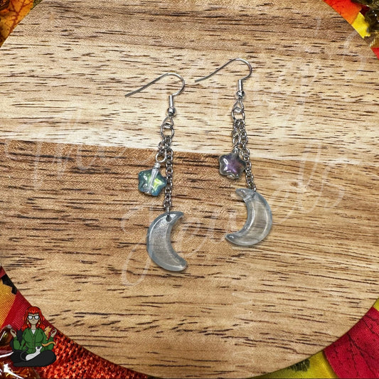 Gladys - Blue Ombre Moon & Dreamy Star Bead Earrings!