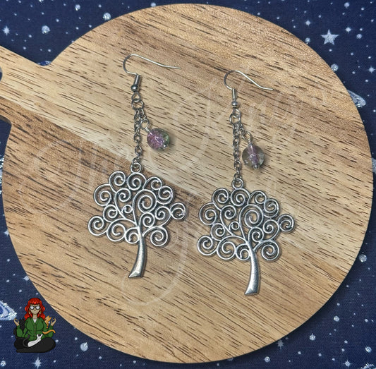 Gladys - Silver Tree and Green Bead Earrings!