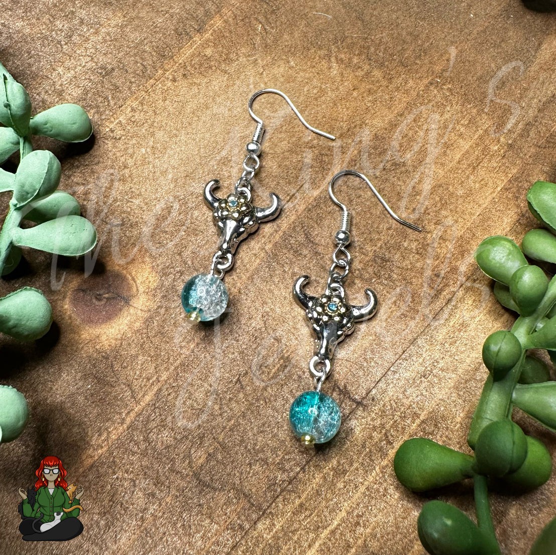 Katie - Multi-Metal Steer Skull & Mint Bead Earrings!