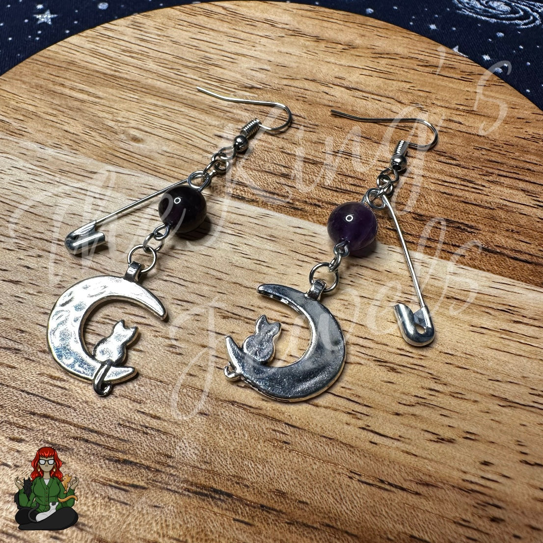 Raven - Cat & Moon Safety Pin Earrings!