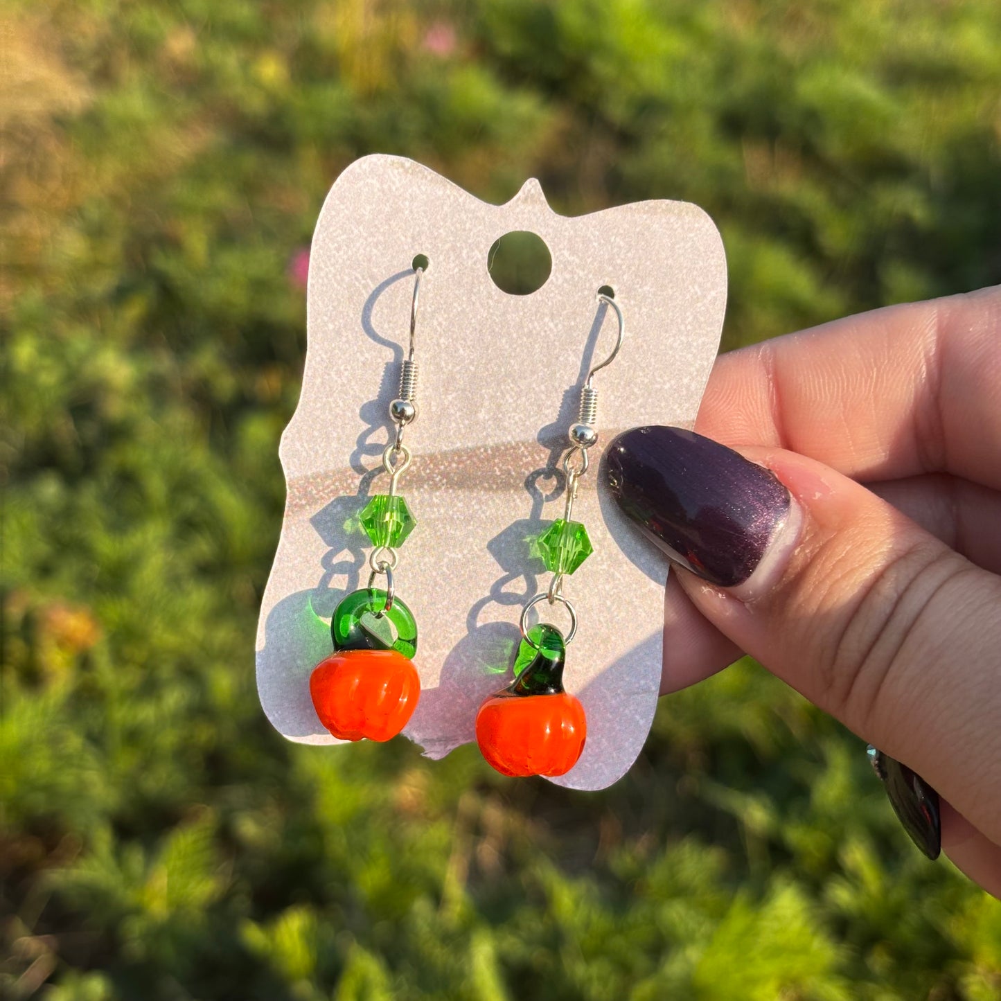 Katie - Glass Pumpkins & Green Bead Earrings!