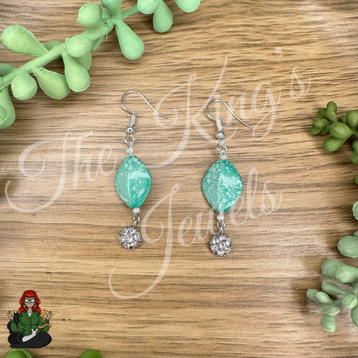 Katie - Green Bead & Rhinestone Earrings!