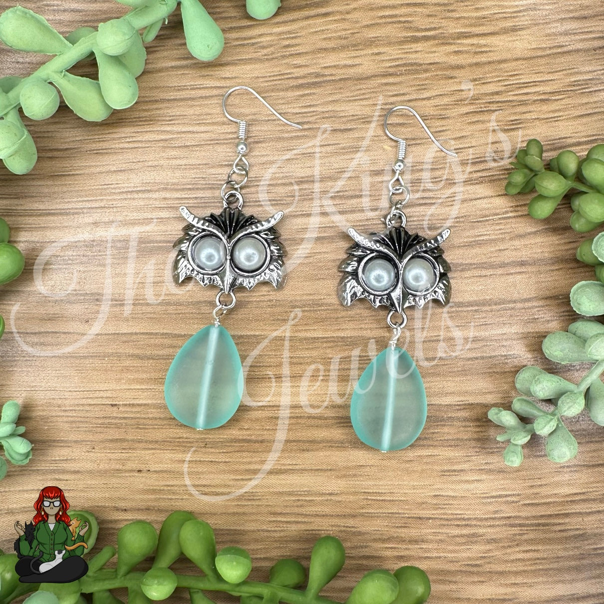 Katie - Owl & Teal Frosted Bead Earrings!