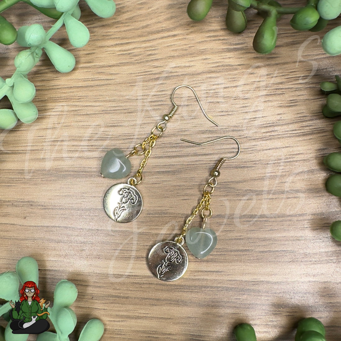 Gladys - Green Jade Heart & Flower Charm Earrings!