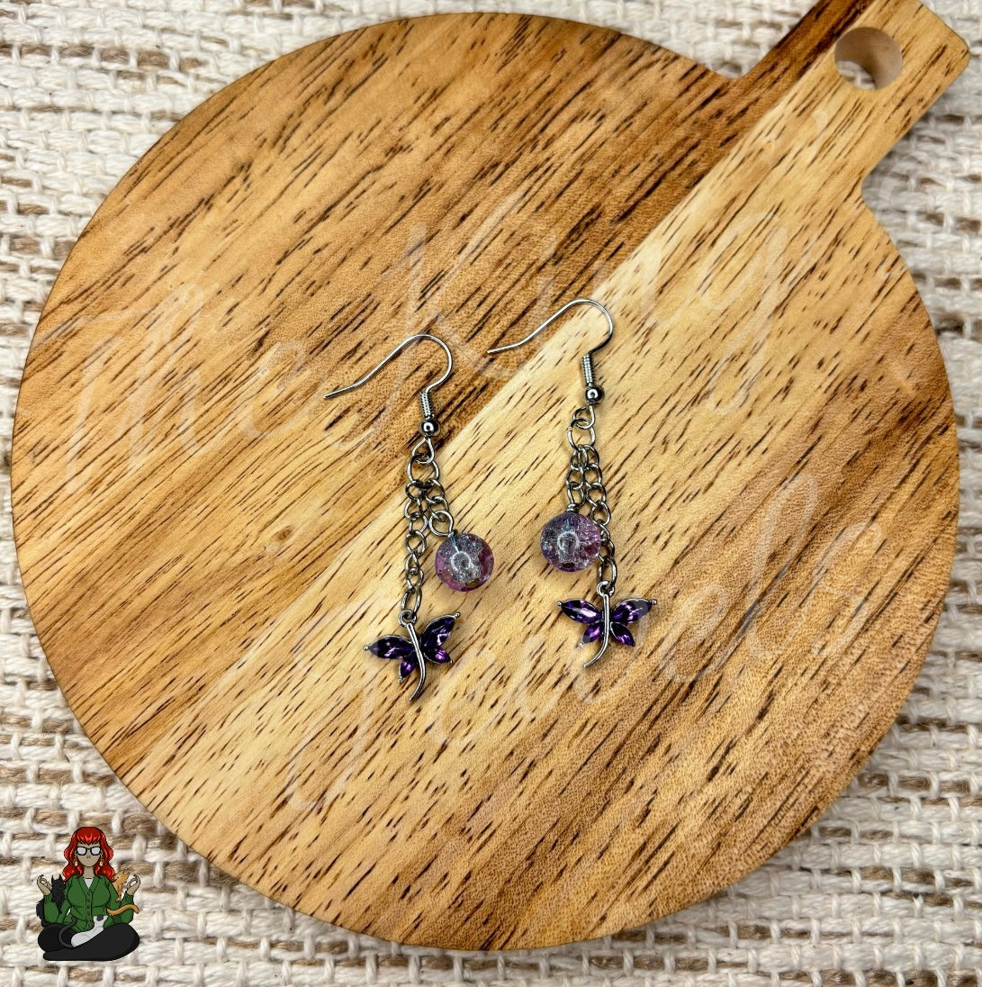 Gladys - Purple Dragonfly & Bead Earrings!