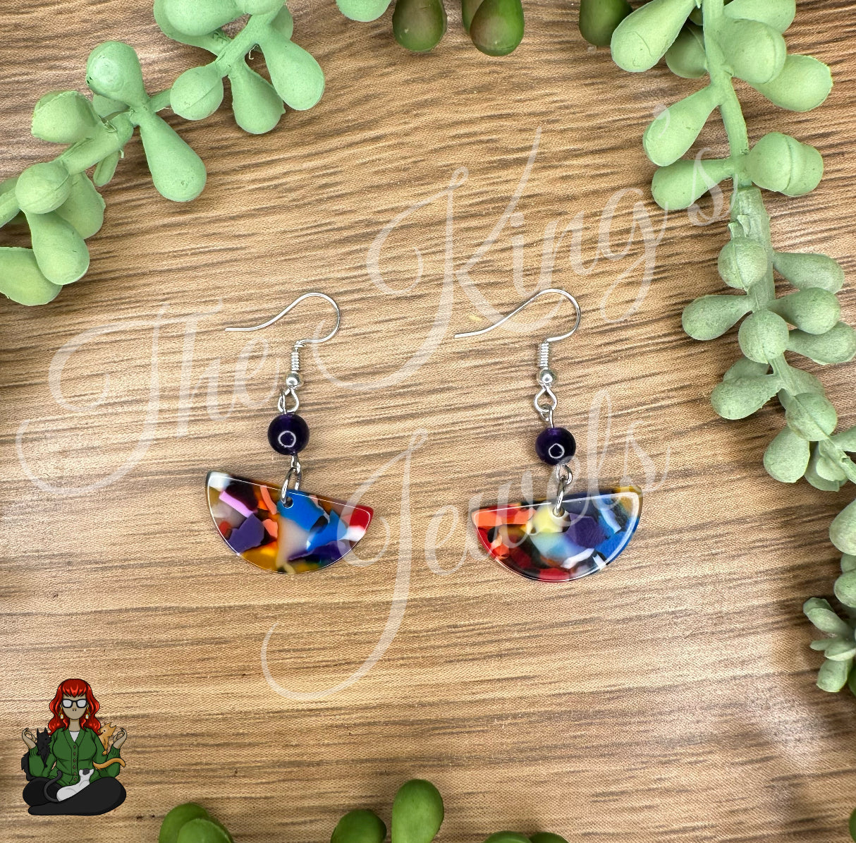 Katie - Semi-Circle Rainbow & Purple Gemstone Bead Earrings!