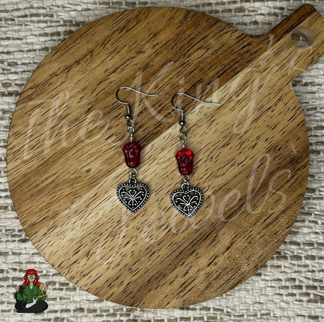 Katie - Red Flower Bead & Heart Earrings!