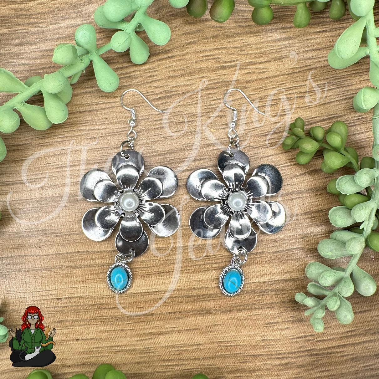 Katie - Oversized Flower & Turquoise Charm Earrings!