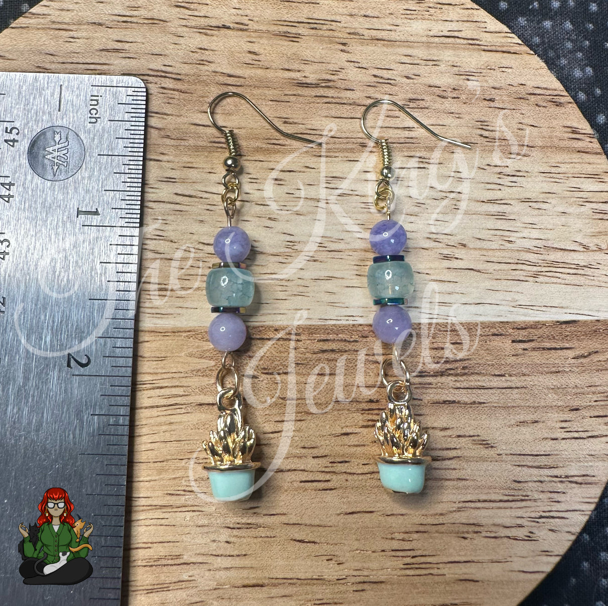 Katie - Succulent with Blue & Purple Beads Earrings!