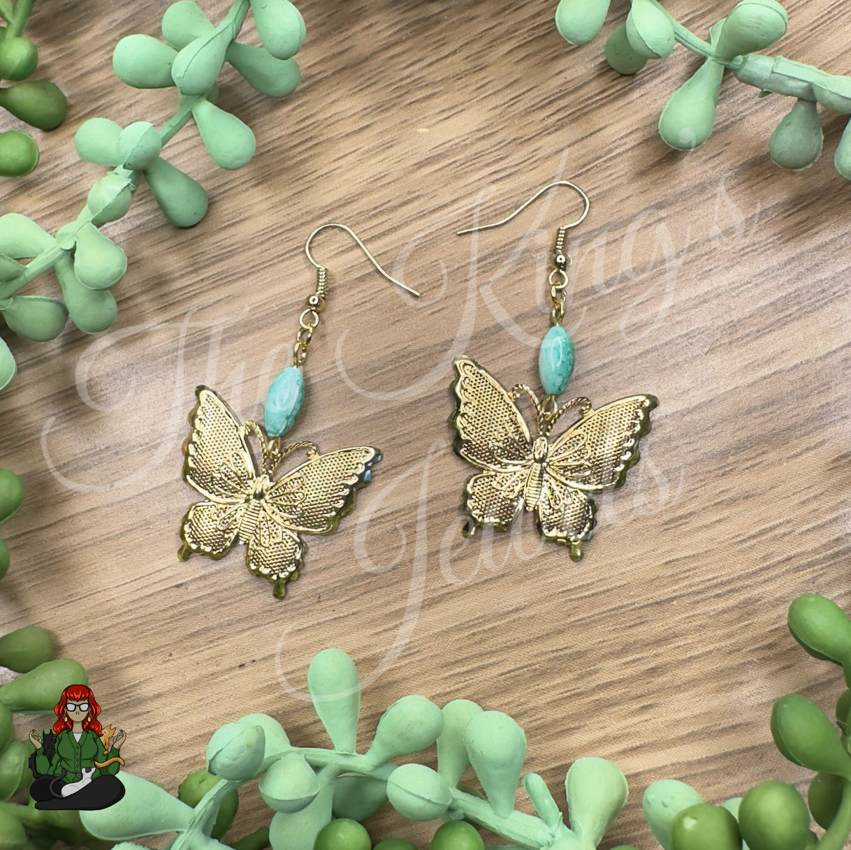 Katie - Teal Bead & Gold Butterfly Earrings!