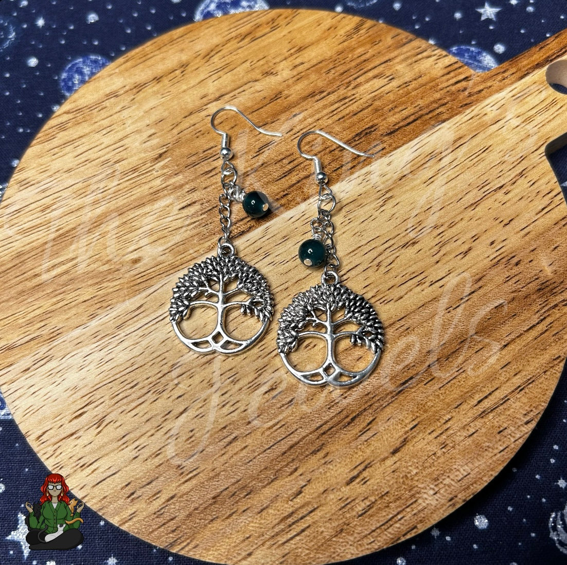 Gladys - Tree of Life & Green Bead Earrings!