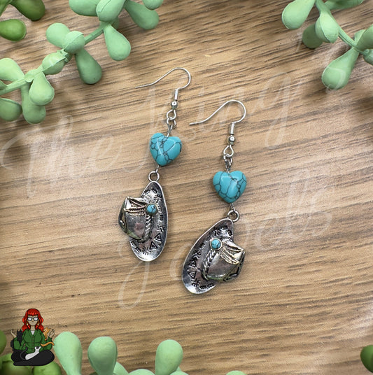 Katie - Teal Heart Bead & Cowboy Hat Earrings!