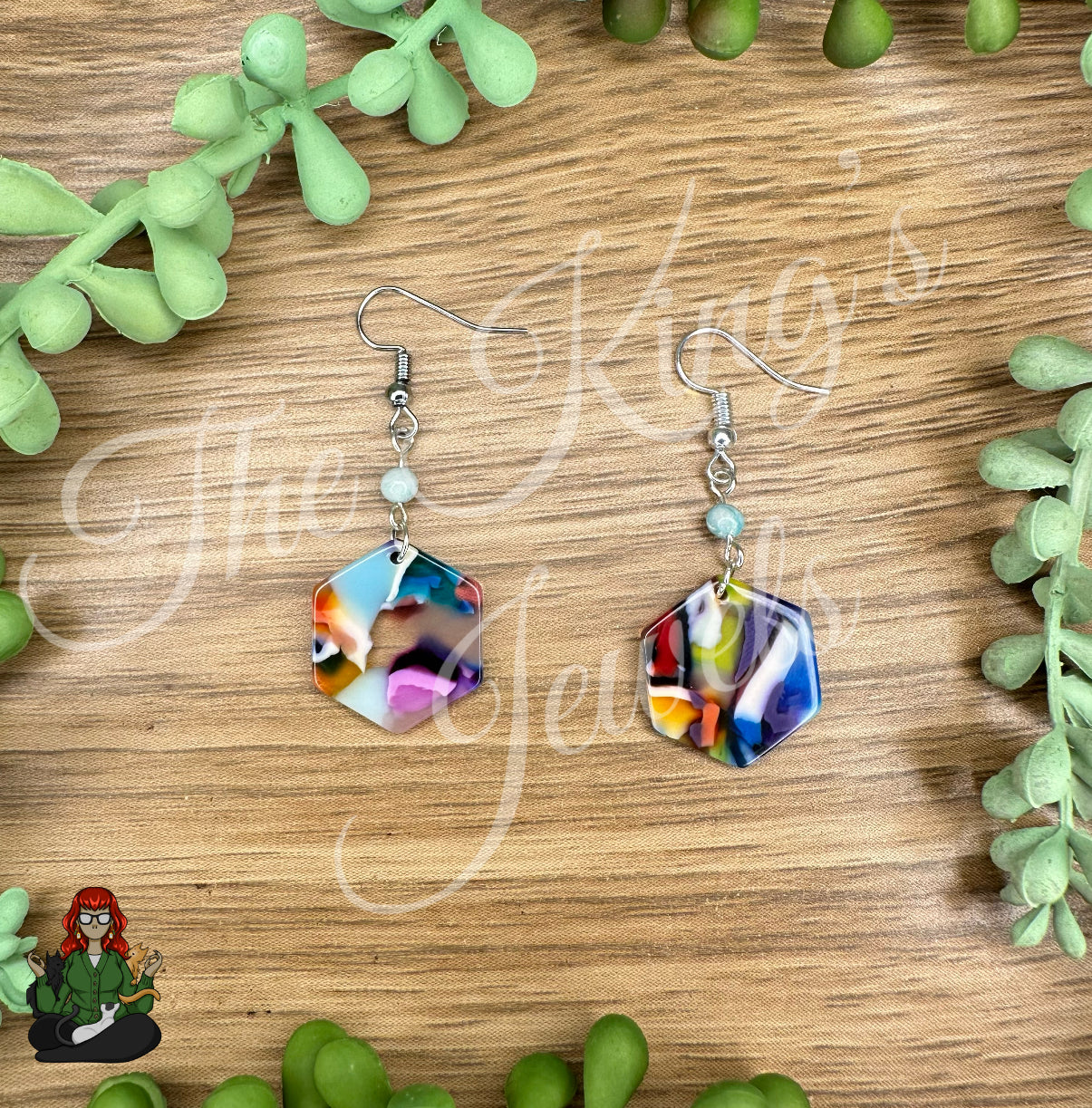 Katie - Rainbow Hexagon & Dainty Blue Bead Earrings!