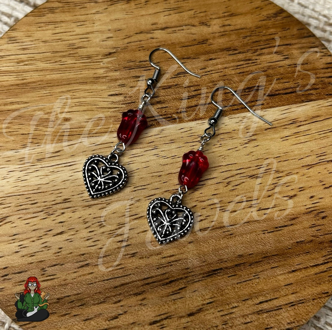 Katie - Red Flower Bead & Heart Earrings!