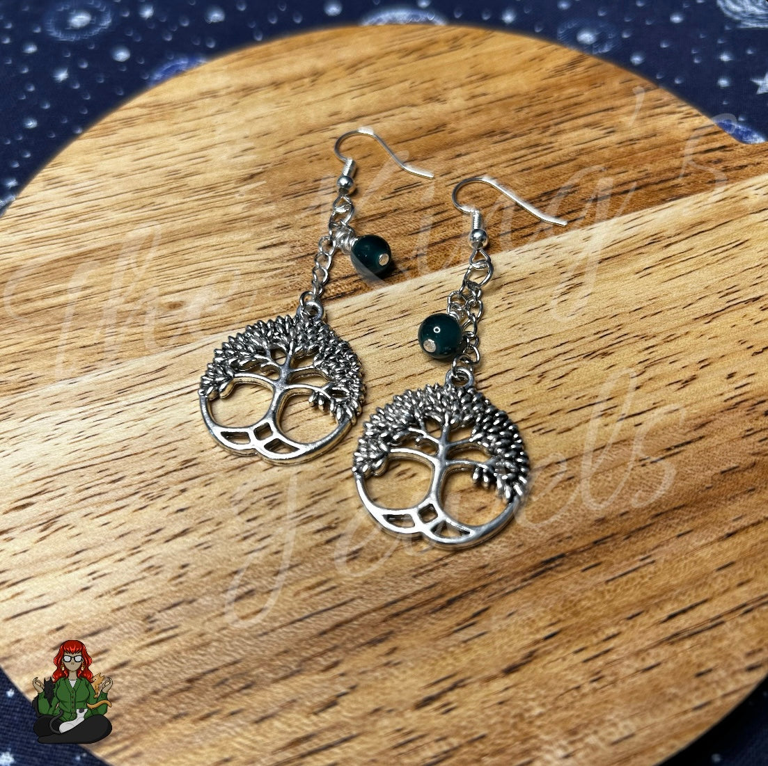 Gladys - Tree of Life & Green Bead Earrings!