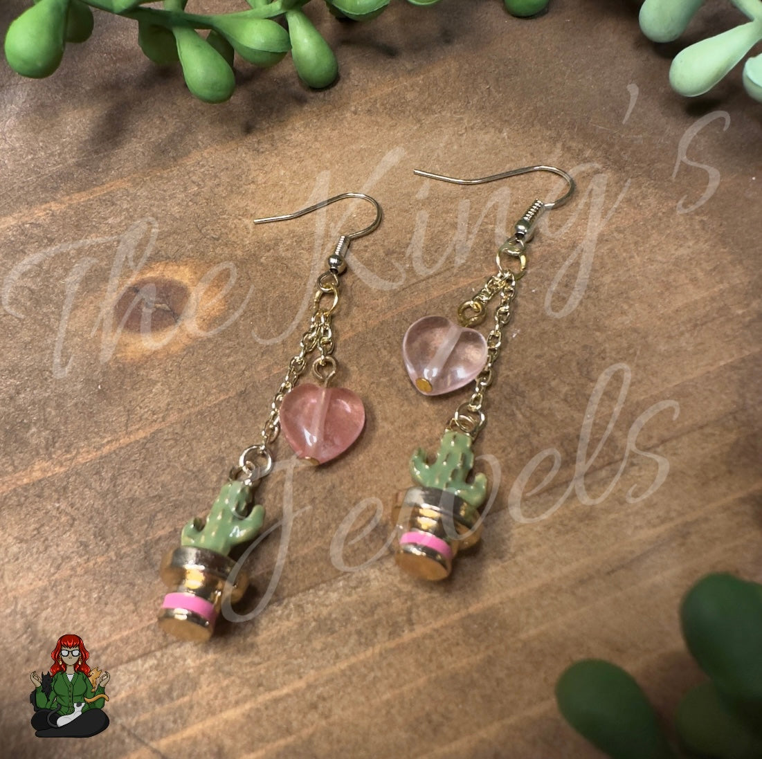 Gladys - Cacti & Rose Quartz Heart Earrings!