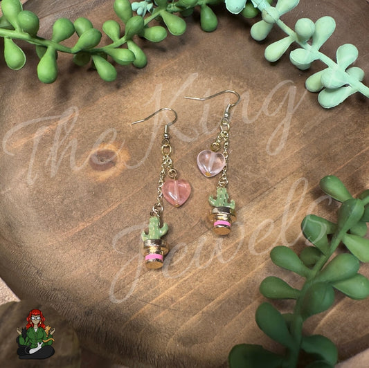 Gladys - Cacti & Rose Quartz Heart Earrings!