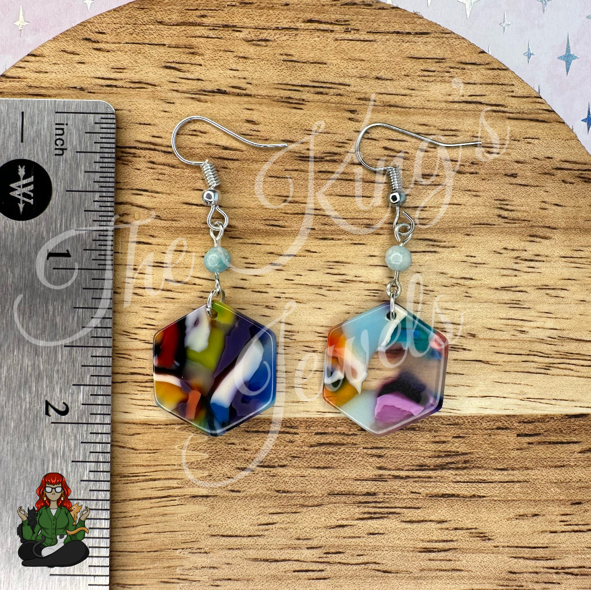 Katie - Rainbow Hexagon & Dainty Blue Bead Earrings!