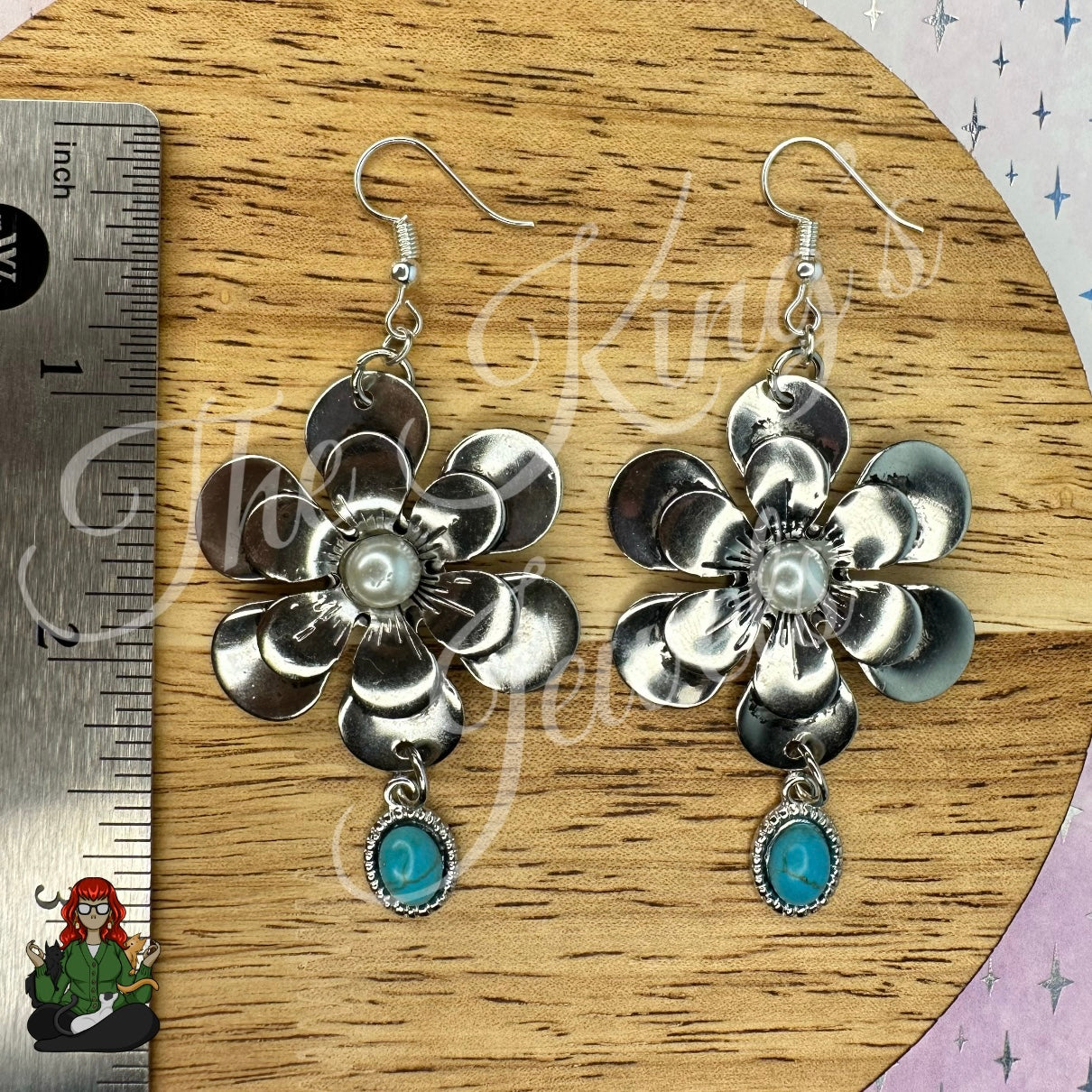 Katie - Oversized Flower & Turquoise Charm Earrings!