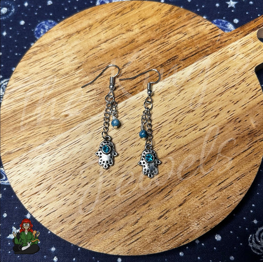 Gladys - Hamsa Hand & Blue Crackle Bead Earrings!