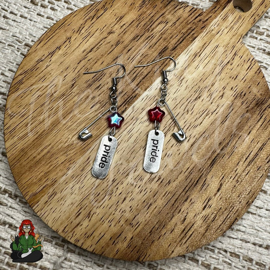 Raven - Red Star & "Pride" Safety Pin Earrings!