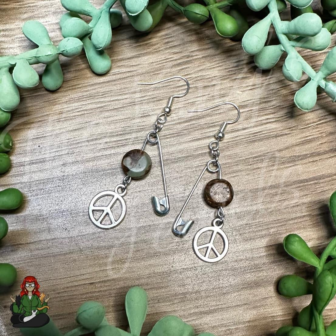 Raven - Brown & Teal Bead & Peace Sign Safety Pin Earrings!