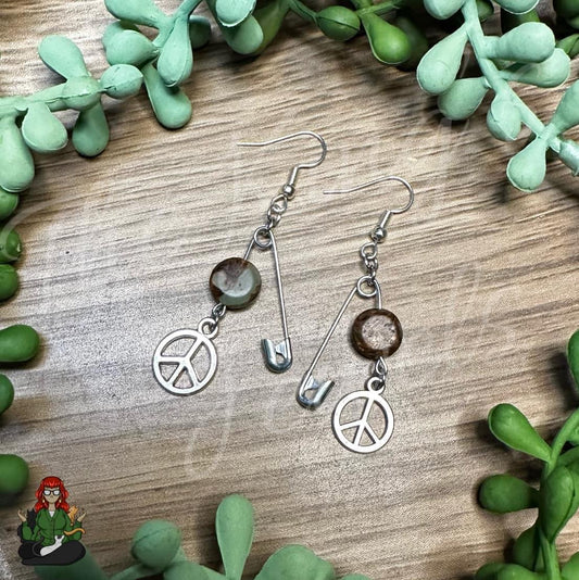 Brown & Teal Bead & Peace Sign Safety Pin Earrings!