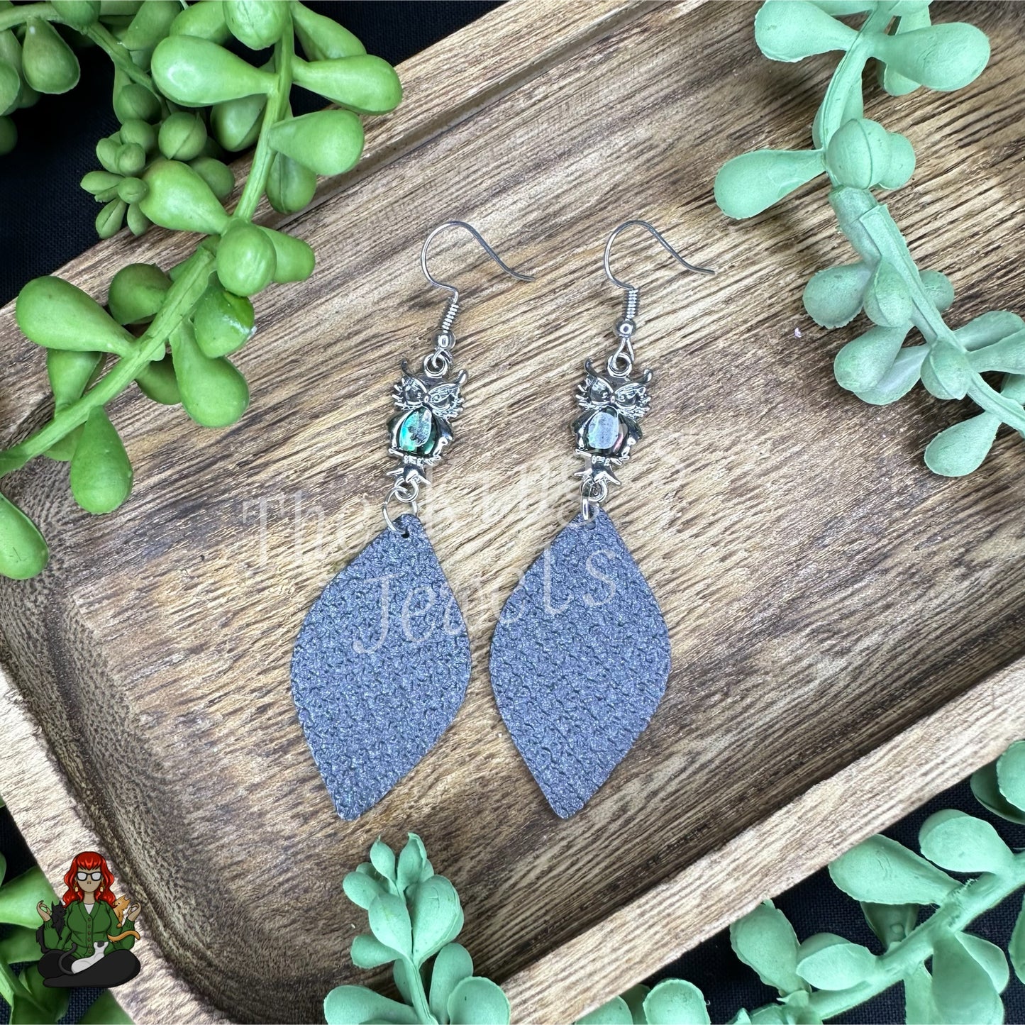 Scarlett - Owl & Charcoal Grey Faux Leather Earrings!