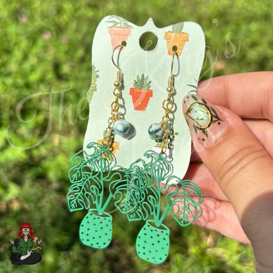 Gladys - Gold Moss Agate Monstera Plant Earrings!