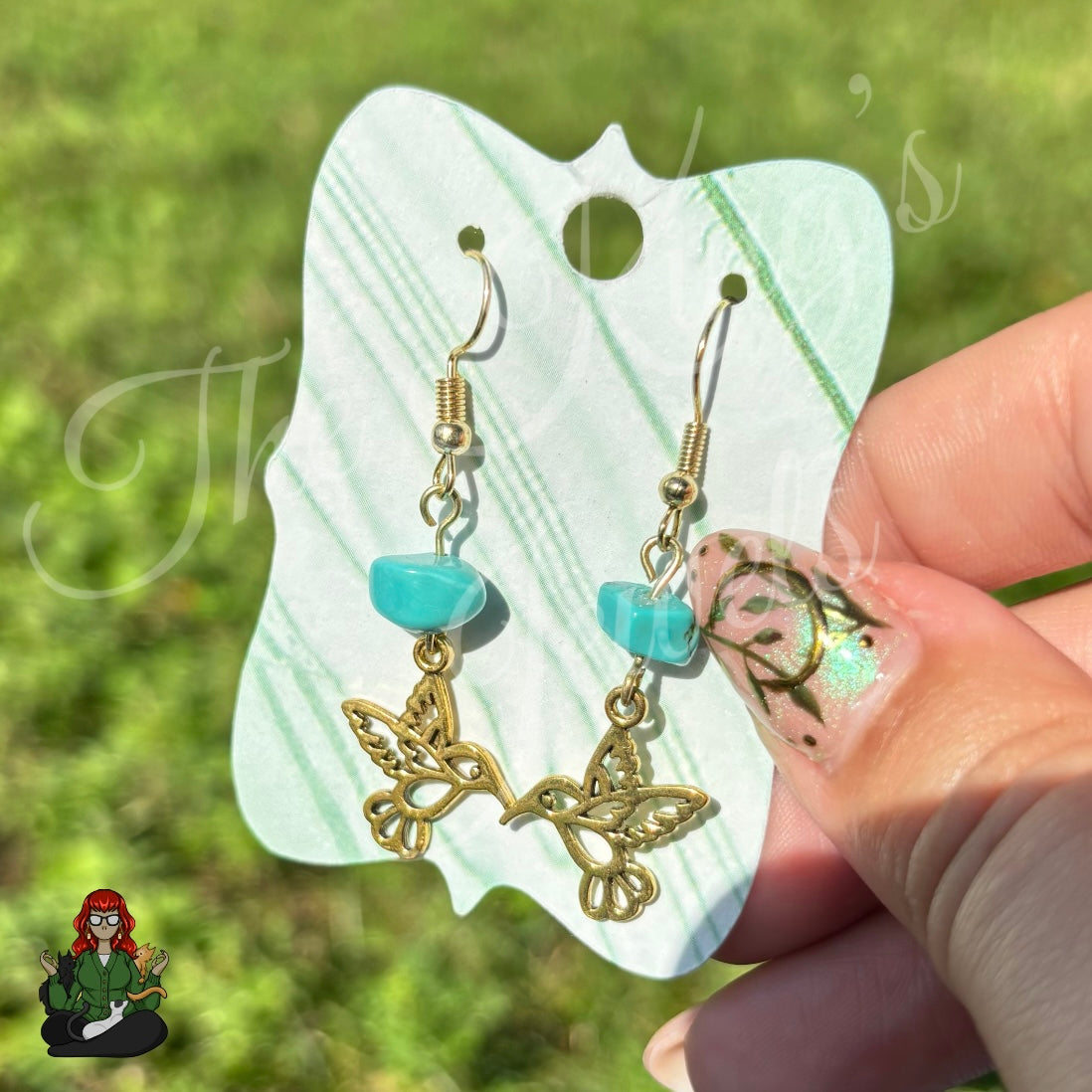 Katie - Turquoise Bead & Gold Hummingbird Earrings!