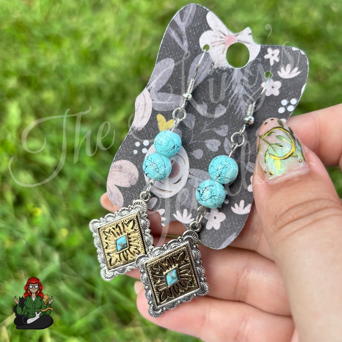 Katie - Turquoise Beads & Metal Diamond Pendant Earrings!