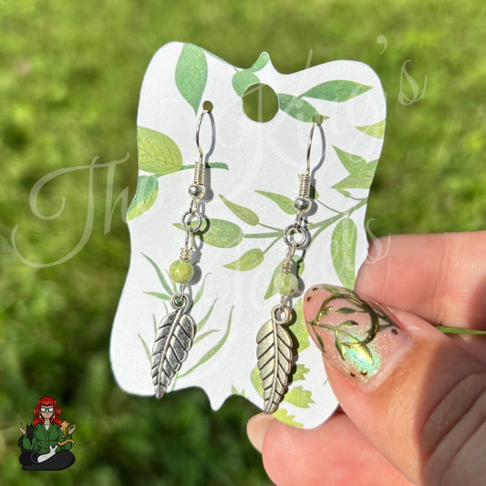 Katie - Green Bead & Silver Leaf Earrings!