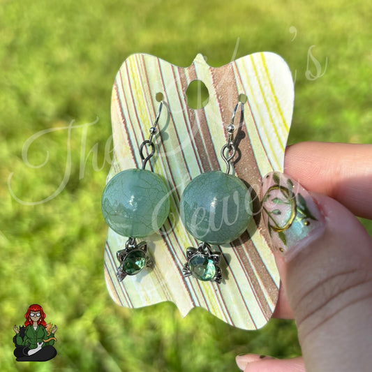 Katie - Green Stone & Green Gem Kitty Charm Earrings!