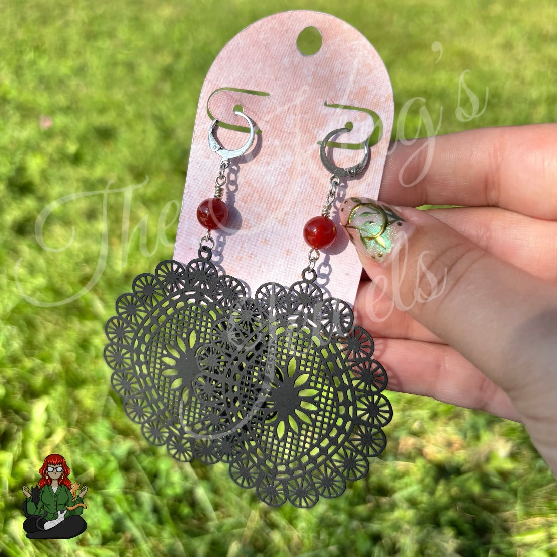 Katie - Statement Matte Black Pendant & Red Carnelian Agate Earrings!
