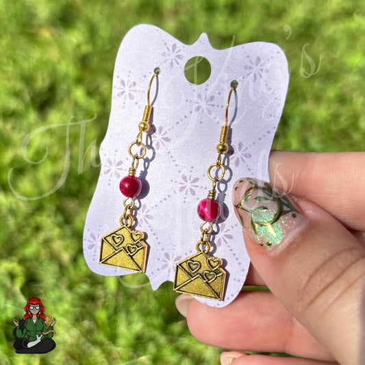 Katie - Heart Envelope & Pink Tigers Eye Bead Earrings!