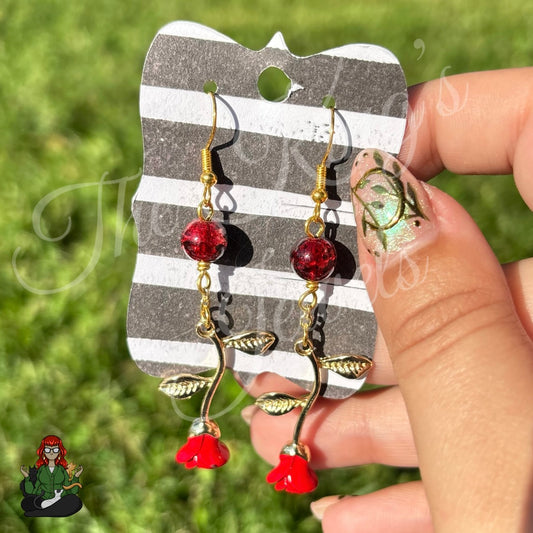 Katie - Red Rose & Black with Red Crackle Bead Earrings!