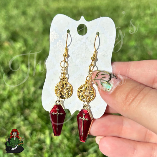 Gladys - Red Coffin & Pentacle Earrings!