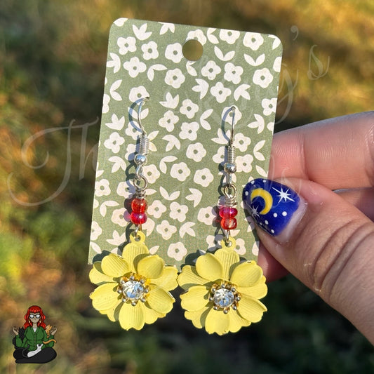 Katie - Yellow Flower & Rhinestone Earrings!