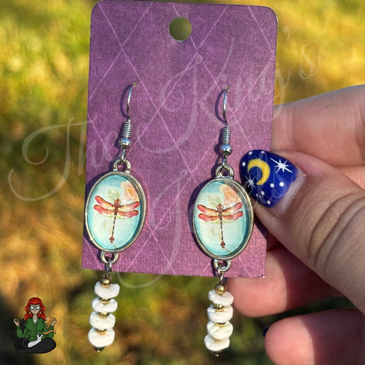 Katie - Dragonfly & White Bead Drops Earrings!