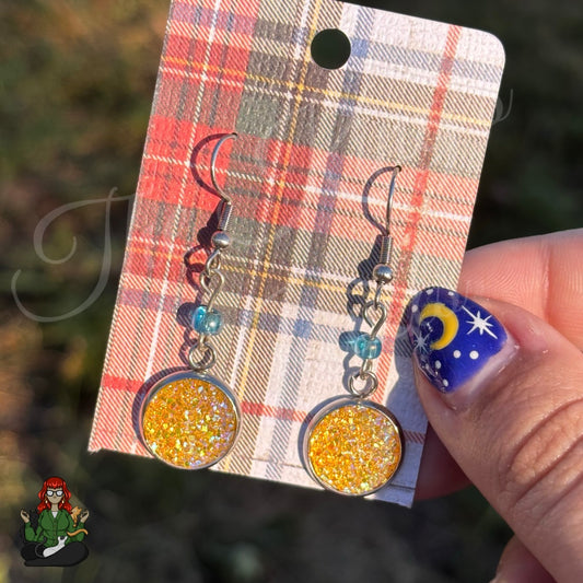 Katie - Marigold Yellow Druzy & Blue Bead Earrings!