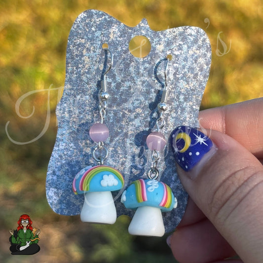 Katie - Rainbow Mushroom & Pink Sheen Glass Bead Earrings!