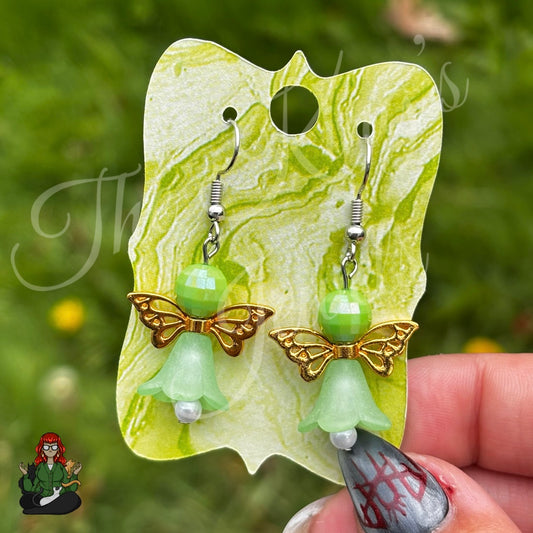 Green Flower Angel Earrings!