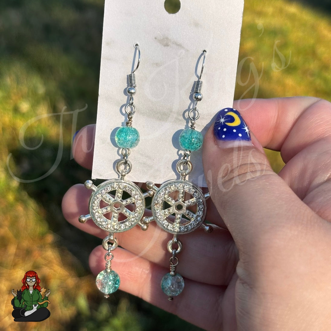 Amelia - Ship Helm & Aqua Glass Beads Earrings!