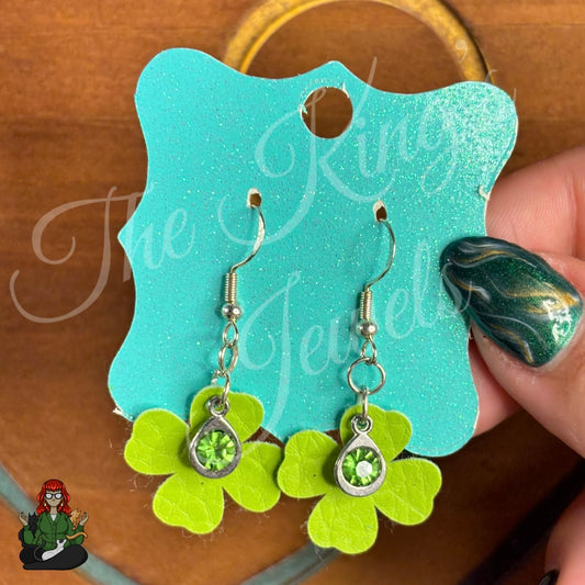 Green Faux Leather Clover Rhinestone Earrings!