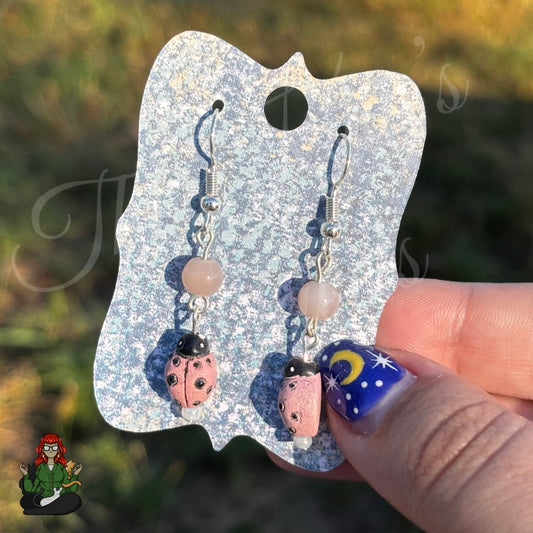 Katie - Clay Ladybug & Pink Glass Bead Earrings!