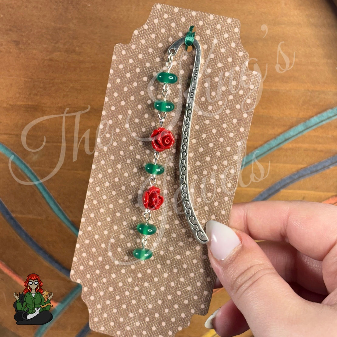 GwennaBelle - Red Rose & Green Dyed Aquamarine Bead Bookmark!